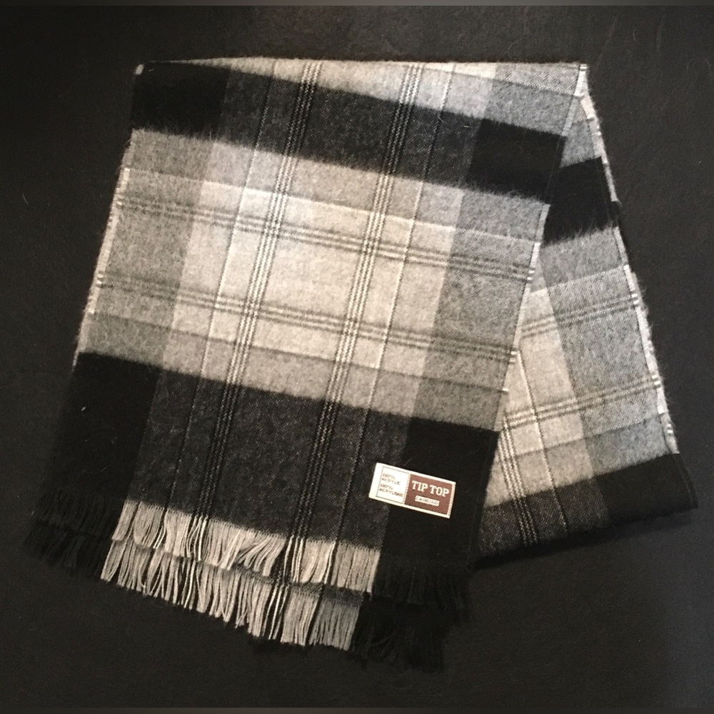 Tip Top - Black, White & Grey Plaid Scarf With Fringe
